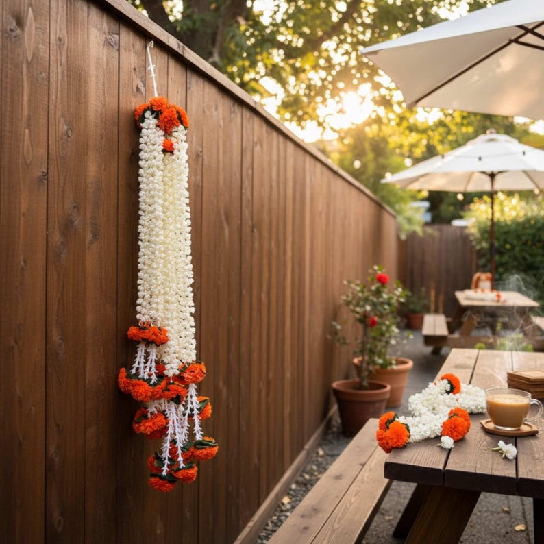 Orange marigold mogra leaf garlands draped as decor — set of 10 Indian festival garland strings for Diwali and housewarming