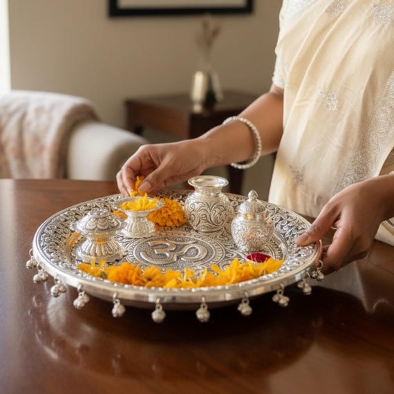 Hand-Engraved Om Silver Pooja Thali Set – Antique Finish (5-Piece Set)