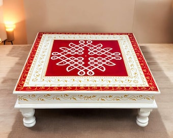 Kolam Design Wooden Pooja Chowki Bajot – 18x18x6.5 Inches White Red Altar Table