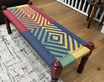 Handwoven Charpai Bench & Stool – Rustic Indian Jute Cord Stool, Boho Charpoy Furniture