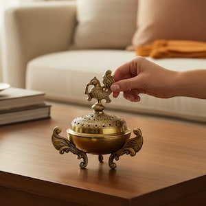 Dhoop Dani Incense Burner: Heavy Brass Peacock & Tortoise Pooja Dhoopdaani