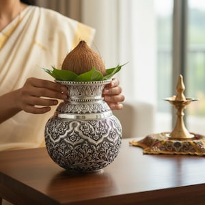 Antique Silver Kalash with Leaf Engravings – 7-Inch Pooja Lota for Housewarming