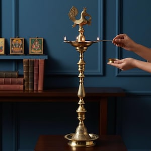 Brass Diya Kuthu Vilakku Lamp, Handcrafted Tall Oil Lamp, Traditional Indian Pooja Decor
