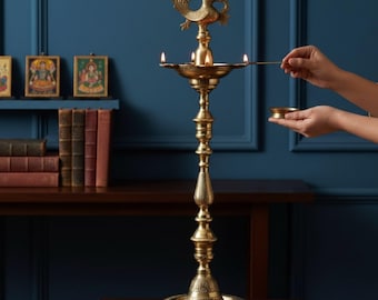 Brass Diya Kuthu Vilakku Lamp, Handcrafted Tall Oil Lamp, Traditional Indian Pooja Decor