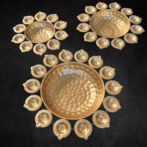 Popular Diya Urli Bowl Set of 3 | Brass Look Floating Candle Bowls | Indian Festive Decor | Diwali Pooja Urli Set | Urli Utsav Home Accent
