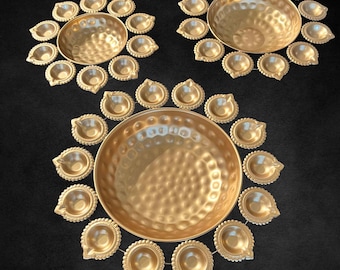 Popular Diya Urli Bowl Set of 3 | Brass Look Floating Candle Bowls | Indian Festive Decor | Diwali Pooja Urli Set | Urli Utsav Home Accent