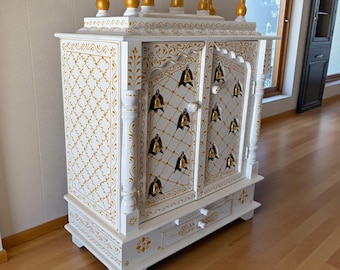 White Wooden Pooja Mandir with Doors & Brass Bells – Home Temple