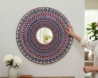 Hand Painted Mandala Mirror Wall Art, 36 Inch Round Mirror, Indian Boho Decor