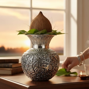 Antique Silver Kalash with Elephant Design – 7.5-Inch Pooja Lota for Housewarming