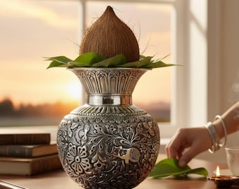 Antique Silver Kalash with Elephant Design – 7.5-Inch Pooja Lota for Housewarming