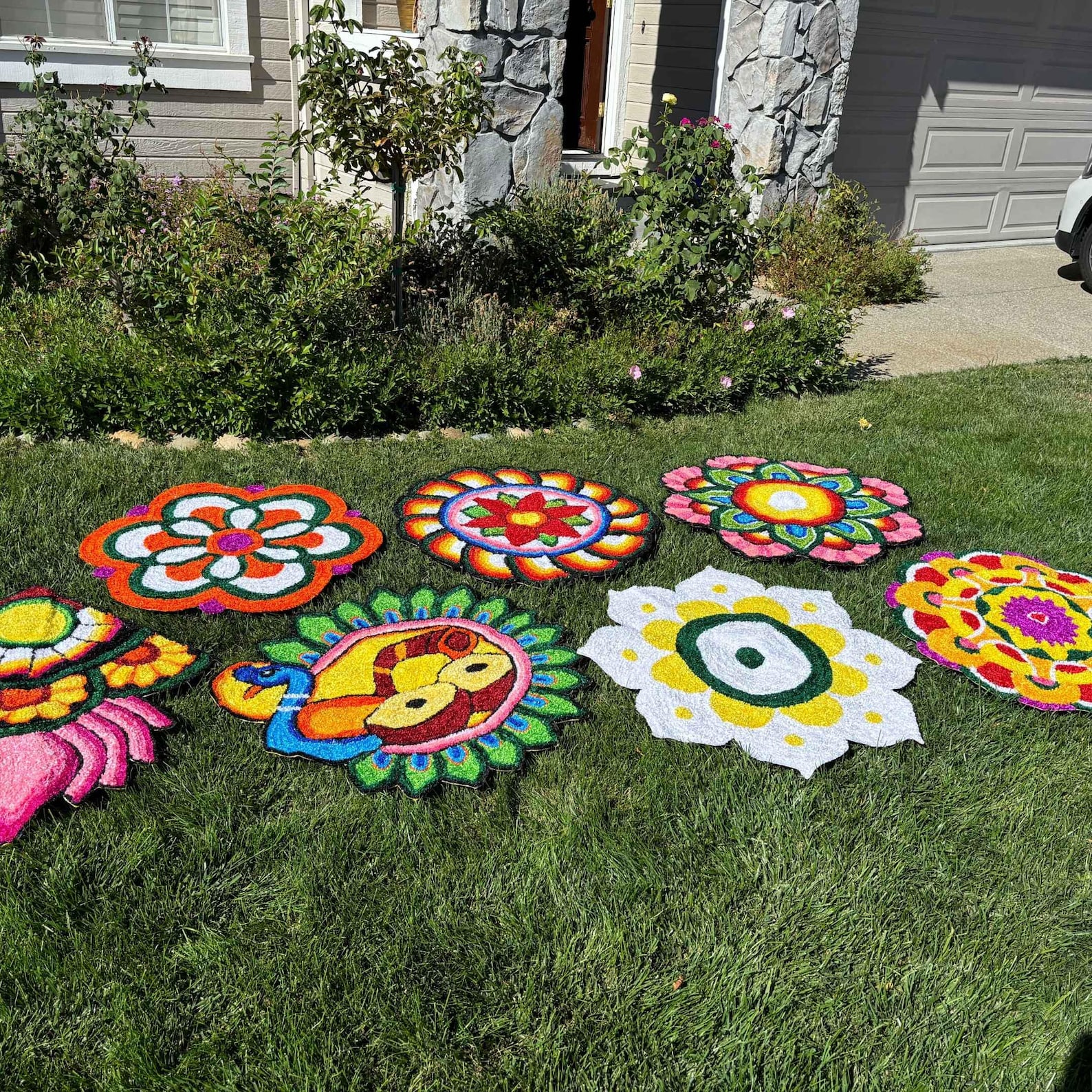 Seven colorful rangoli mats in grass