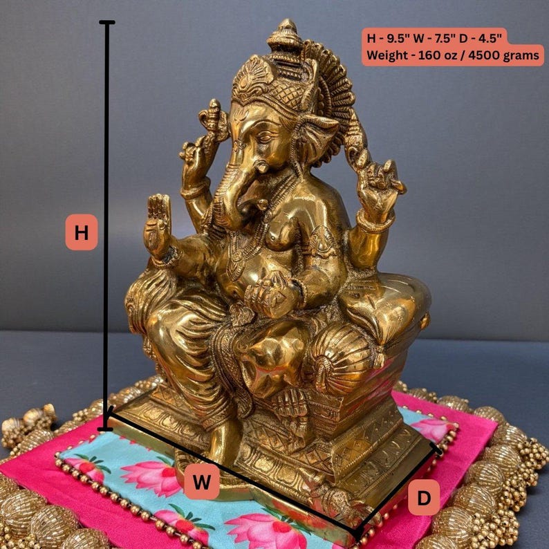 Product spec image showing 9.5" height, 7.5" width, 4.5" depth and 4500g weight of Brass Ganesha idol