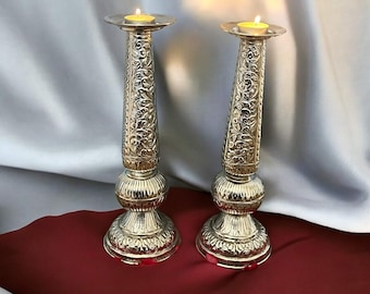 Handmade Antique Silver Candle Holder Set: Engraved Brass Centerpiece