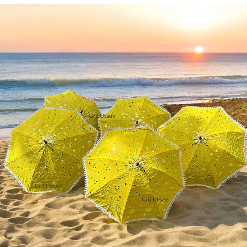 Traditional Indian umbrella in bright yellow, perfect for Haldi rituals and wedding decorations