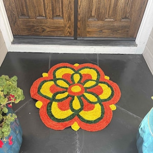 Marigold-inspired 3FT Rangoli Mat design, handmade Pooja Aasan for Indian festive home decor