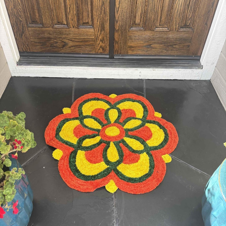 Marigold-inspired 3FT Rangoli Mat design, handmade Pooja Aasan for Indian festive home decor