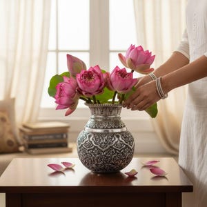 Antique Silver Kalash with Leaf Engravings – 7-Inch Pooja Lota for Housewarming