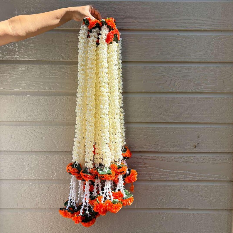 2FT orange marigold mogra leaf garland string — set of 10 long Indian wedding garlands for mandap and door decoration