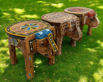 Natural Wood Elephant Stool - Boho Side Table & Coffee Table