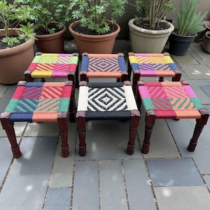 Boho Dressing Stool – Handcrafted Wooden & Charpai Rope Seat