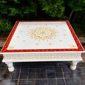 18x18x6.5” White & Red Wooden Pooja Chowki Bajot