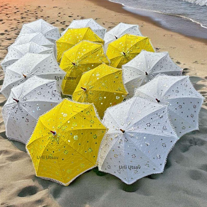 Handmade yellow umbrella with traditional Indian motifs, perfect for enhancing Haldi and Mehendi decor