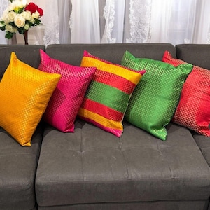 Indian Silk Brocade Cushion Covers (Set of 5): Diwali, Mehndi & Boho Decor