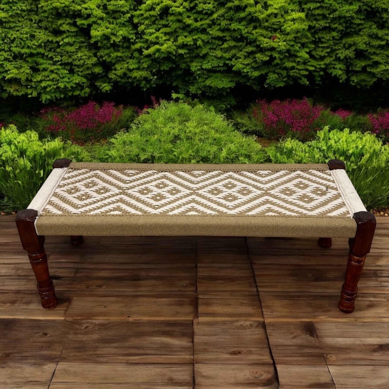 Handwoven Charpai Bench & Stool – Rustic Indian Jute Cord Stool, Boho ...