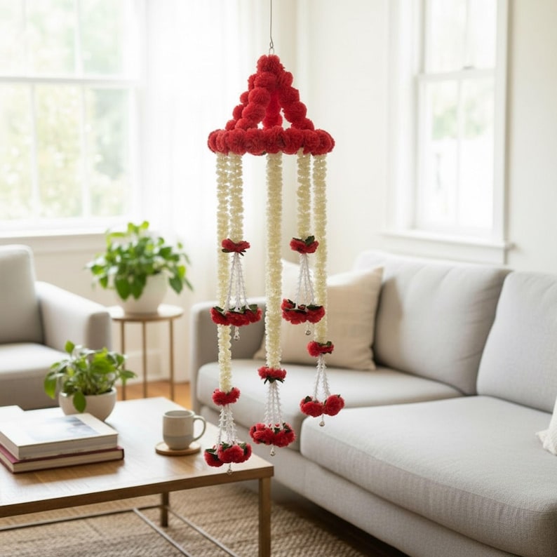 4Ft Artificial Red Mogra Chandelier for ganesh chaturthi decoration