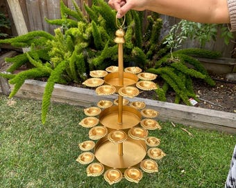 Triple Layer Diya Urli Bowl with 30 Candle Holders | Indian Festive Decor | Diwali Floor Decoration | Wedding Centerpiece | Brass Look Urli