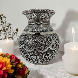 Antique Silver Kalash with Leaf Engravings – 7-Inch Pooja Lota for Hindu Rituals