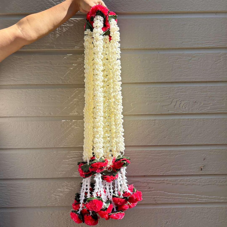 2FT red marigold mogra leaf garland string — set of 10 Indian wedding garlands for Navratri Dussehra and festive home decor
