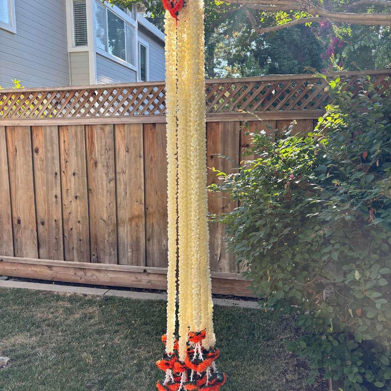 5FT orange marigold mogra leaf garland string — set of 10 long Indian wedding garlands for mandap and door decoration