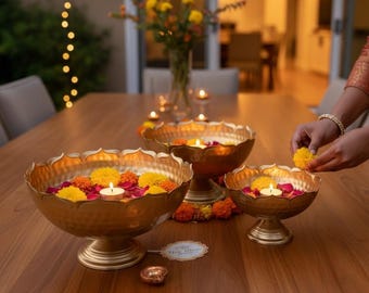 Juego de 3 cuencos Urli de loto dorado: decoración festiva india