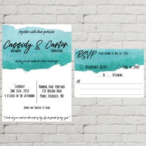 Blue Watercolor Printable Custom Digital Wedding Invitation and RSVP Set Modern Chic