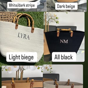 May include: Five different tote bags made of rope with bamboo handles. The bags are in various colors and patterns, including white and black stripes, dark beige, light beige, all black, and beige and white stripes. Each bag has a personalized monogram embroidered on the front.