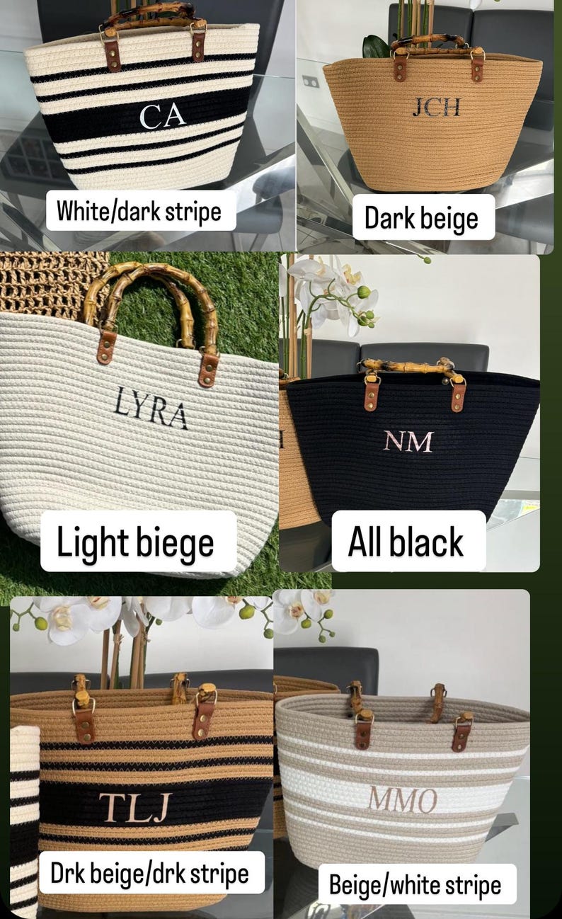 May include: Five different tote bags made of rope with bamboo handles. The bags are in various colors and patterns, including white and black stripes, dark beige, light beige, all black, and beige and white stripes. Each bag has a personalized monogram embroidered on the front.