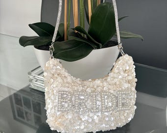 Personalised bride bag, bride wedding bag, bride hen bag, personalised bride bag, bride to be gift, future mrs bag, shoulder bag, sequins