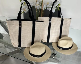 Personalised straw shoulder bag, custom beach bag hat SET, personalised straw hat, gift for her, personalised handbag, birthday gift for her