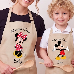 Mickey Minnie Apron, Disney Custom Name Chef Aprons, Minnie Cooking Apron, Chef Gift Apron Set,  Disneyland Couple Apron