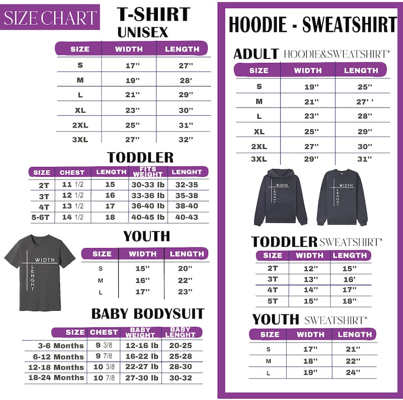 The image provides a size chart for T-shirts and hoodies, including both adult and child sizes. It lists the width and length measurements for different age groups, such as toddlers, youth, and baby bodiesuits. The chart is designed to help customers determine the appropriate size based on their age and height.