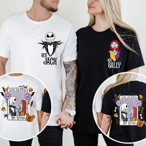 The image is a collage of two images featuring a man and a woman wearing t-shirts with the characters Jack and Sally from the movie "The Nightmare Before Christmas".