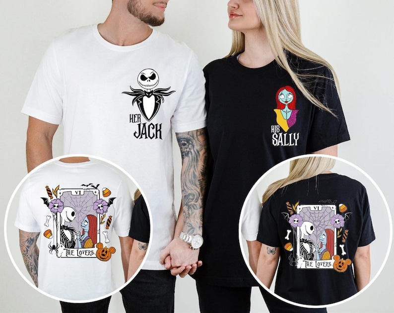 The image is a collage of two images featuring a man and a woman wearing t-shirts with the characters Jack and Sally from the movie "The Nightmare Before Christmas".