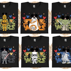 six black t-shirts with various Star Wars characters printed on them, including characters like Darth Vader, C-3PO, BB-8, Yoda, and others.
