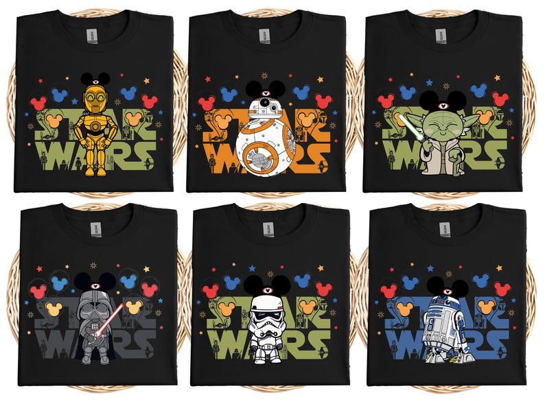six black t-shirts with various Star Wars characters printed on them, including characters like Darth Vader, C-3PO, BB-8, Yoda, and others.