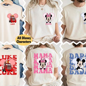 The image is a collage of various t-shirt designs featuring characters from the Disney movie Cars. The designs include a character named Luke, a character named Minnie Mouse, and a character named Dada. The t-shirts are arranged in a grid format, showcasing different designs and styles.