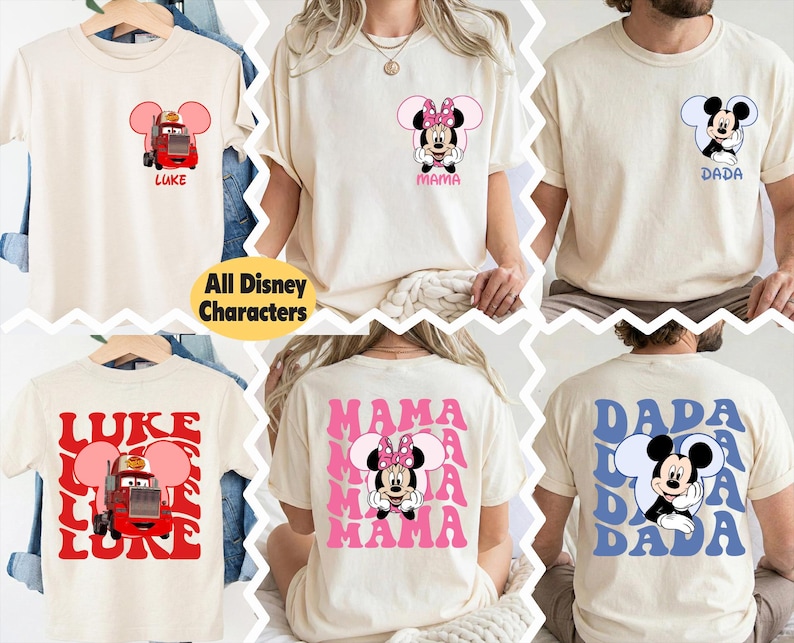 The image is a collage of various t-shirt designs featuring characters from the Disney movie Cars. The designs include a character named Luke, a character named Minnie Mouse, and a character named Dada. The t-shirts are arranged in a grid format, showcasing different designs and styles.