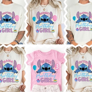 a collage of six different t-shirt designs featuring the character Lilo from the movie Lilo & Stitch. The designs include the character's face, balloons, and birthday-themed text.