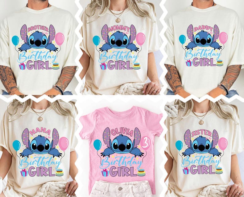 a collage of six different t-shirt designs featuring the character Lilo from the movie Lilo & Stitch. The designs include the character's face, balloons, and birthday-themed text.
