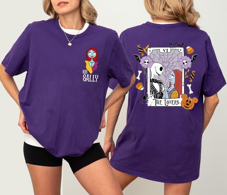 a woman wearing a purple t-shirt with a design on the back.